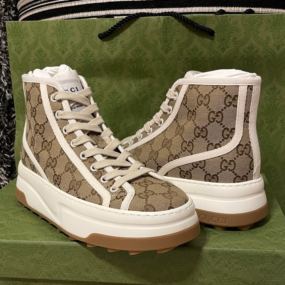 Gucci Beige Monogram High-Top Sneakers with Cream Trim